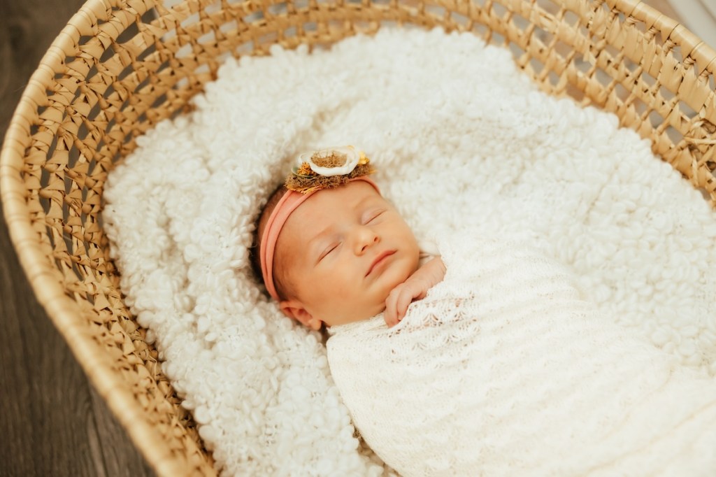 Newborn baby girl swaddled in Moses basket.