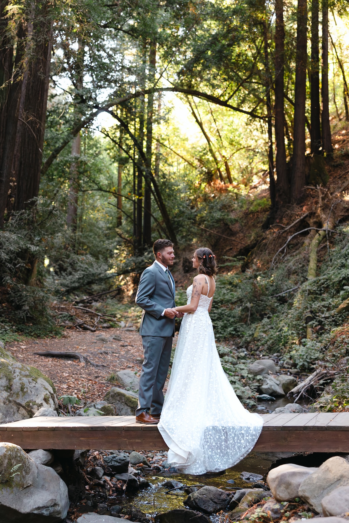Wedding portraits at Cathedral Grove in Saratoga Springs California.