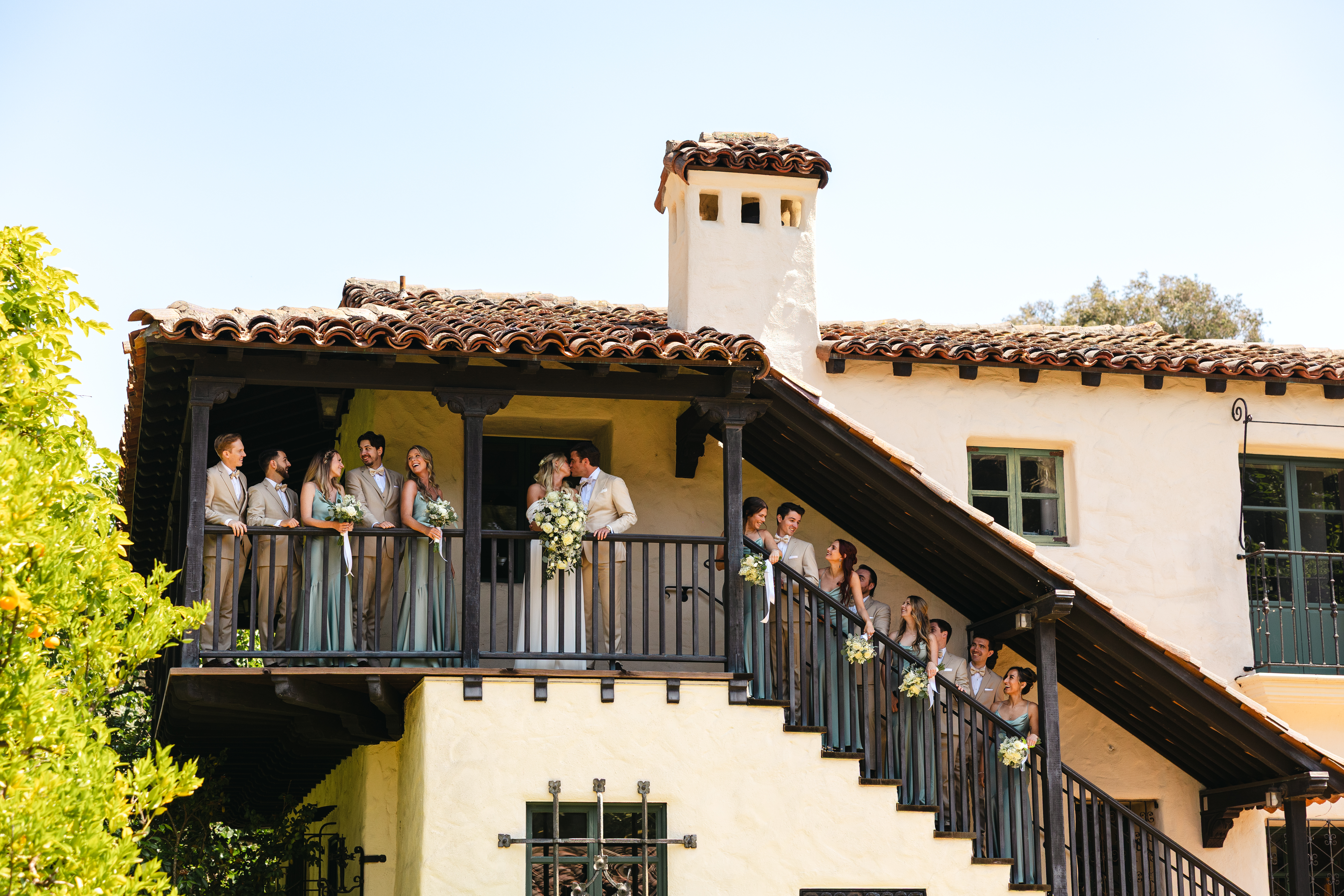 Wedding party on the stairs of Allied Arts in Palo Alto.